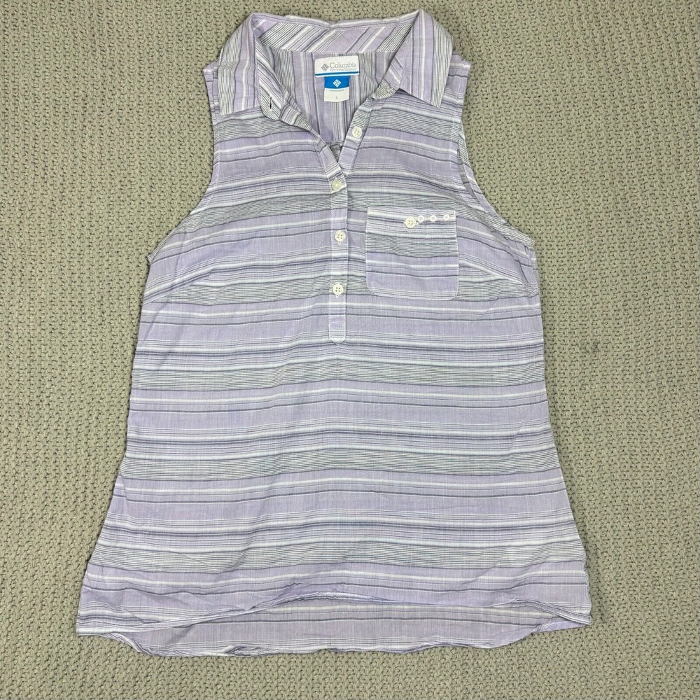 Vintage Y2K Columbia PFG Tank Top Small Gray Lavender‎ Stripe Outdoor Gorpcore